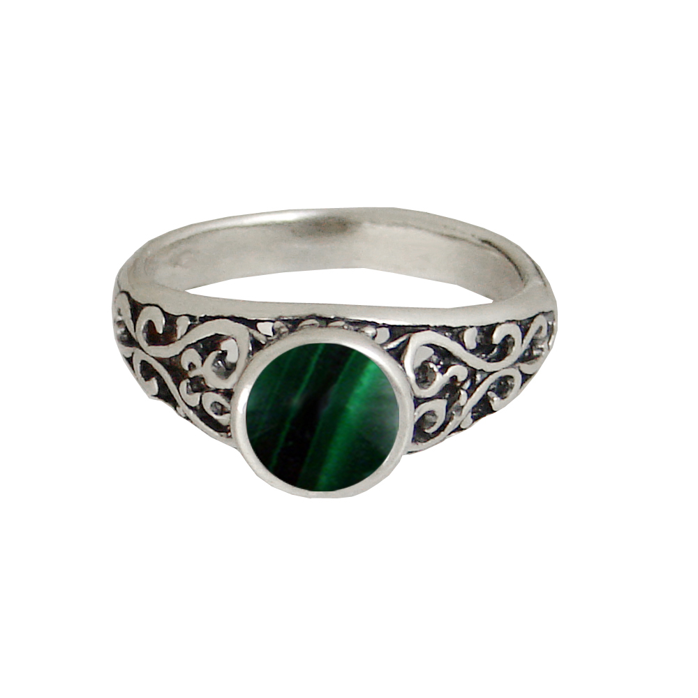 Sterling Silver Filigree Hearts Ring With Malachite Size 9